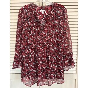 Charter Club Floral Chiffon Pleated Long Sleeve Blouse Size L Lined Red/Blk Flow